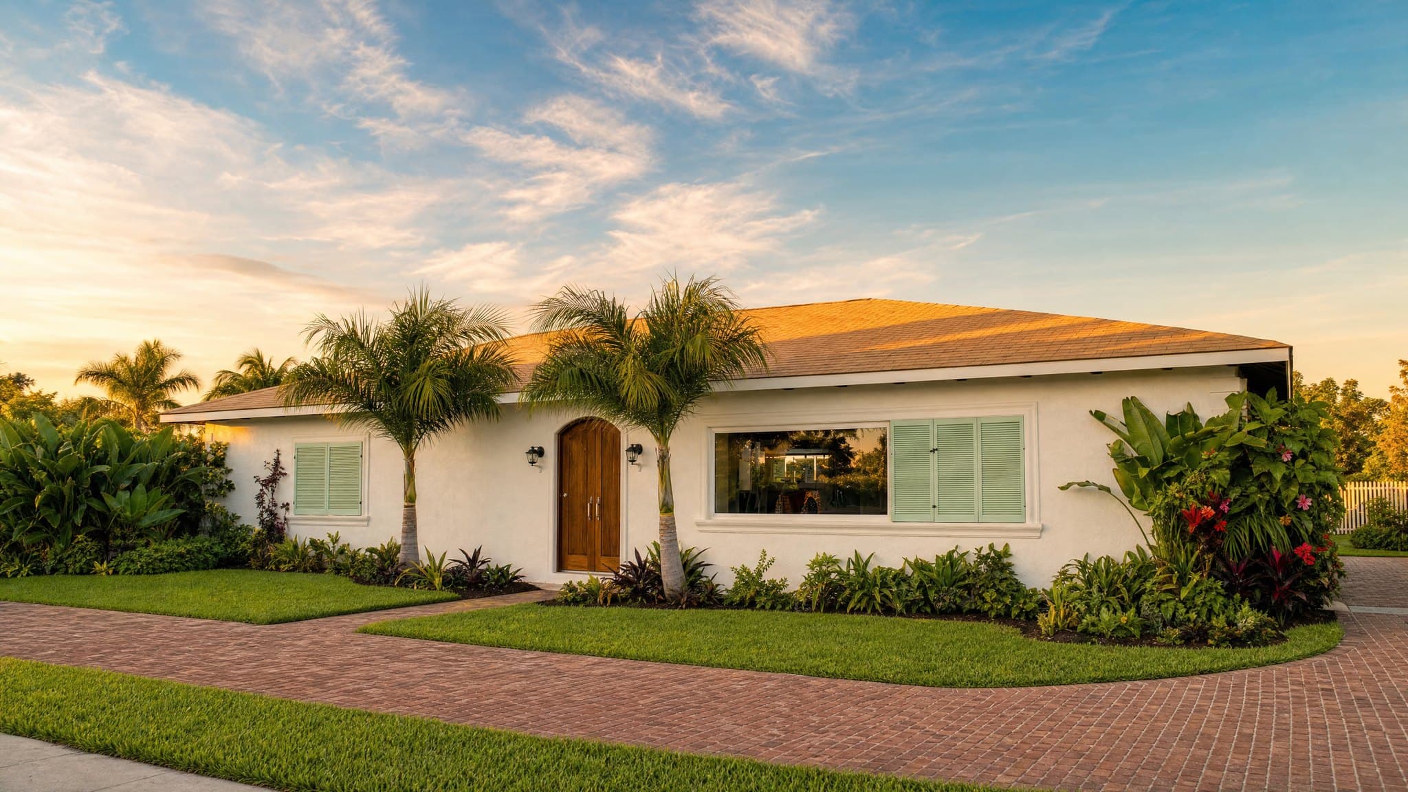 A single-story white stucco rental home with seafoam shutters in Southwest Florida at golden hour