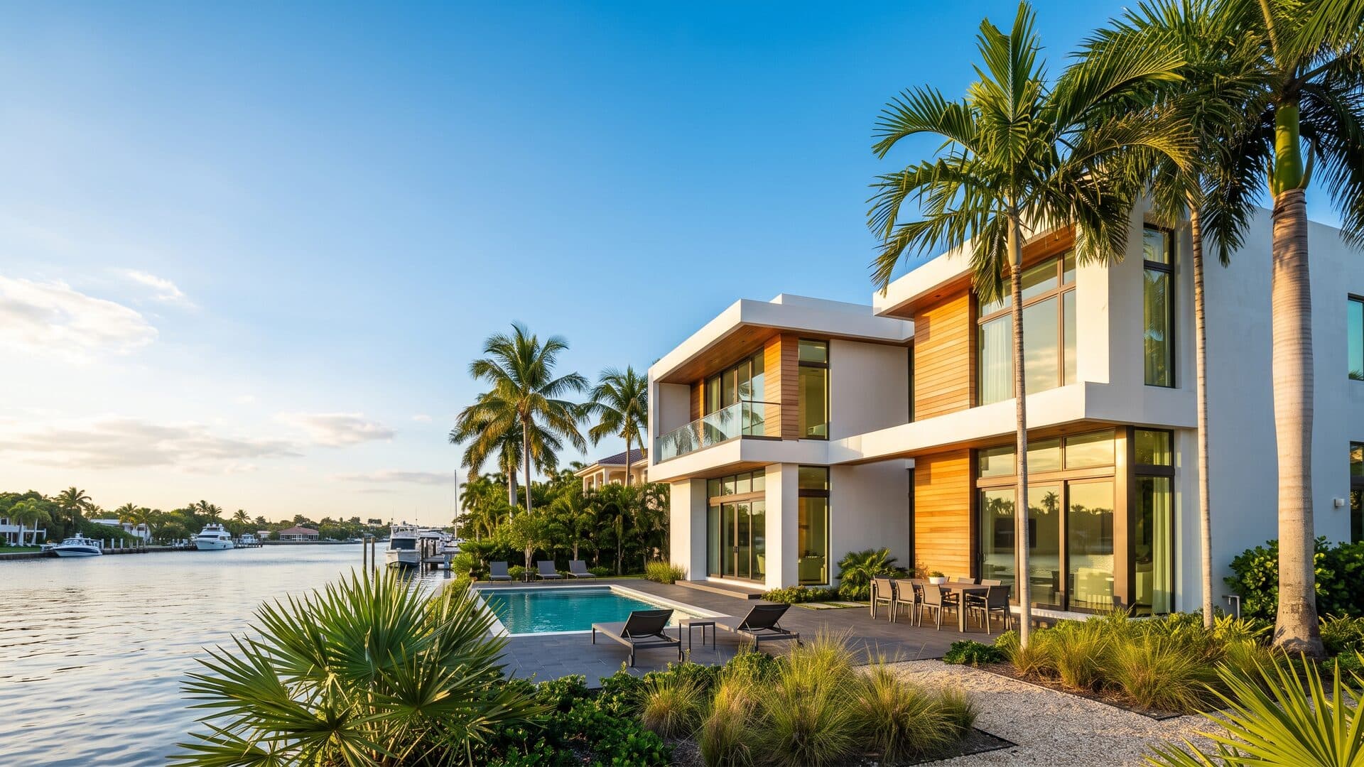 Waterfront South Florida home at golden hour