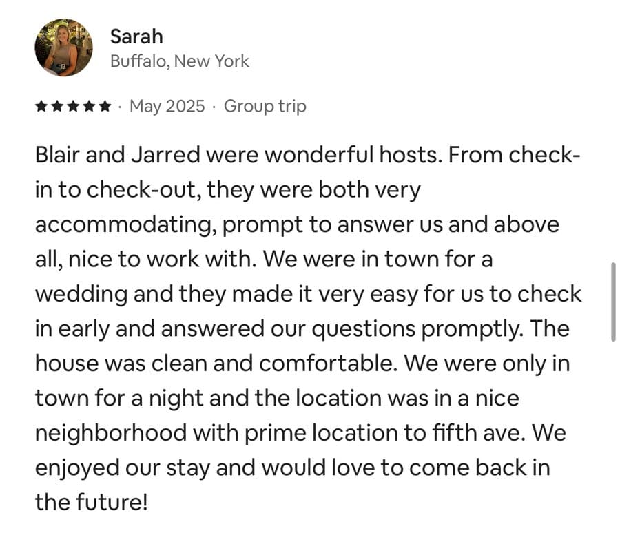 Five-star guest review from Ashley, Fort Lauderdale, Florida