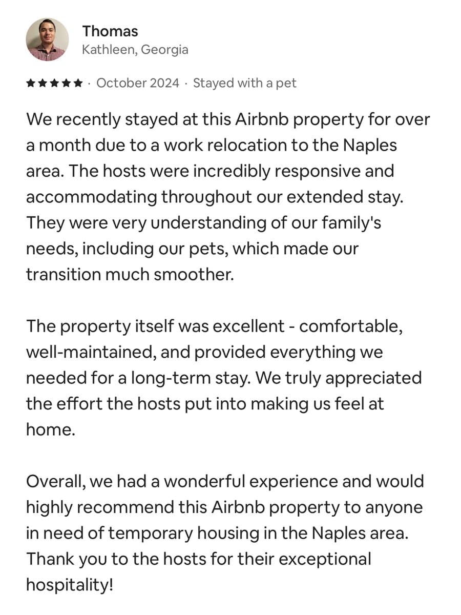 Five-star guest review from James, Tampa, Florida