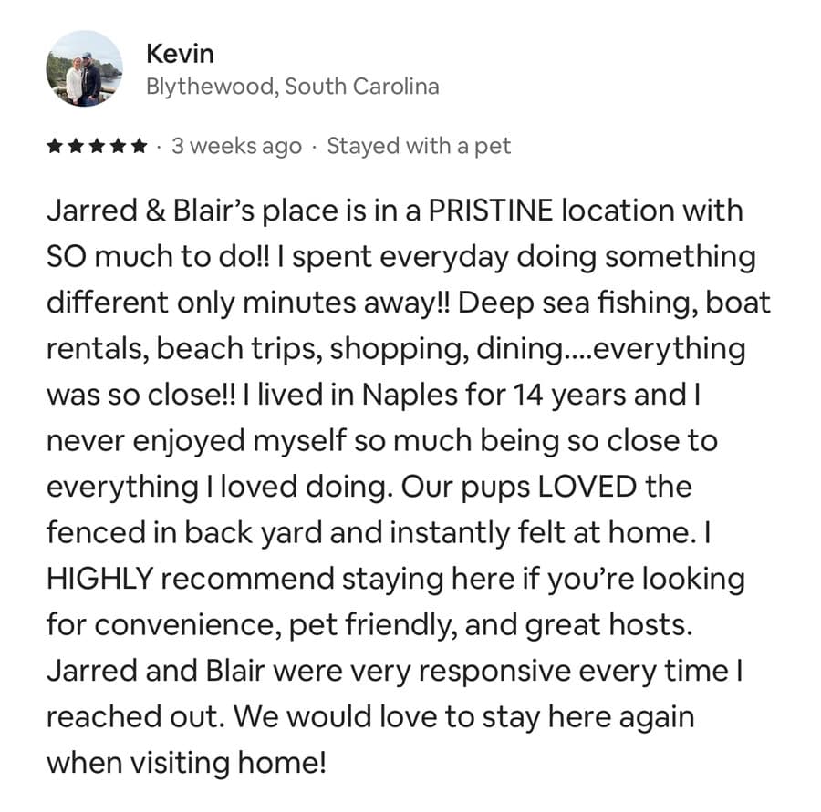 Five-star guest review from Kevin, Blythewood, South Carolina