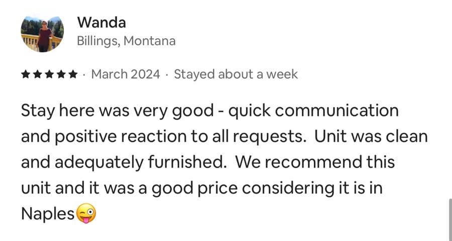 Five-star guest review from Wanda, Billings, Montana