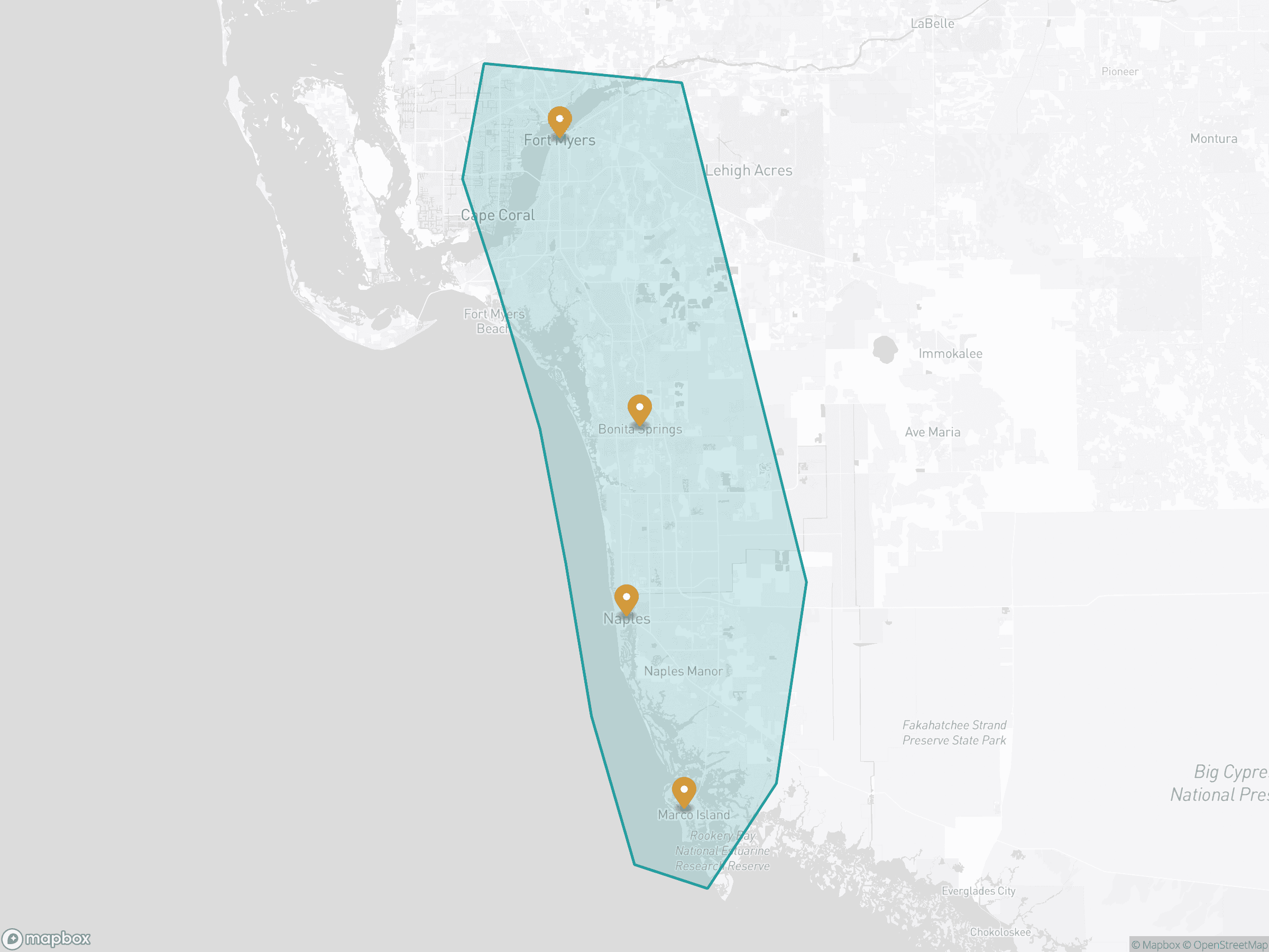 Map of Cozy Corner's Southwest Florida service area, a circled region along the Gulf coast from Fort Myers through Naples to Marco Island